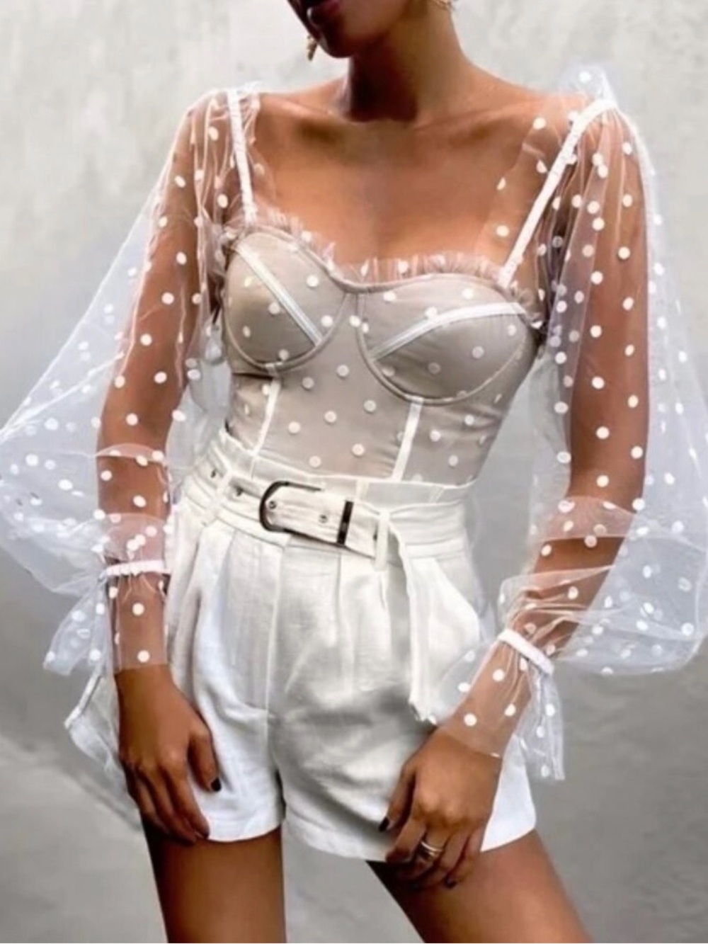 Runaway The Label Chloe Sheer Polka Dot Puff-Sleeve Bustier Crop Top in Cream